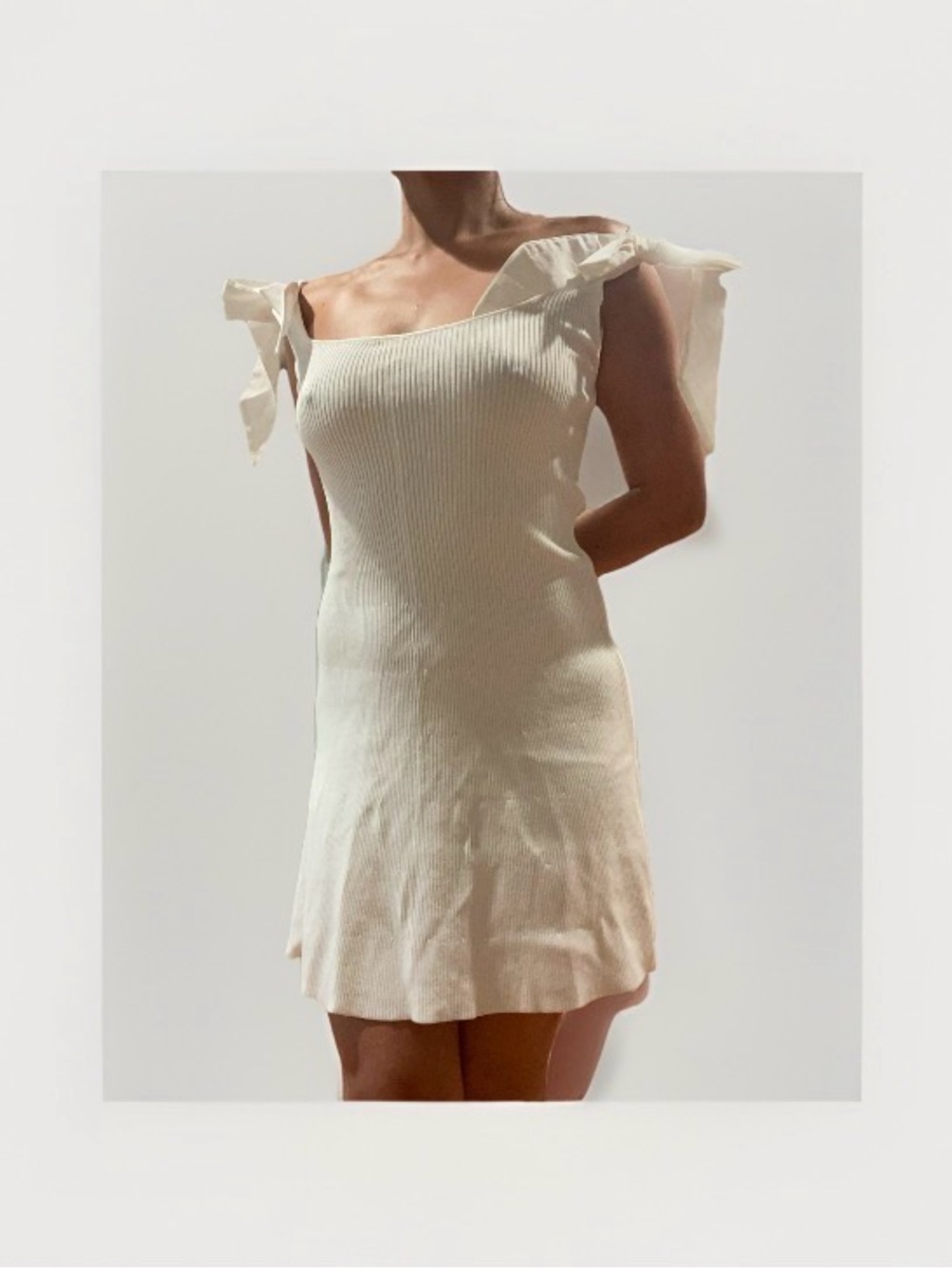 Cream Ribbed Tie-Shoulder Mini Dress